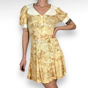 Vintage 70s Floral Mini Dress Yellow White Brown Coquette Retro Balloon Size Xs